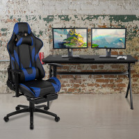 Flash Furniture BLN-X30D1904L-BL-GG Gaming Desk and Blue Footrest Reclining Gaming Chair Set - Cup Holder/Headphone Hook/Removable Mouse Pad Top/Wire Management